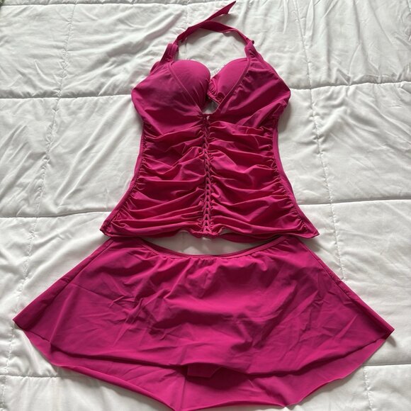 Gottex Swimsuit Set Tankini Top Womens Size 36D Swim Skirt Size 8 Pink Beach - Picture 1 of 13